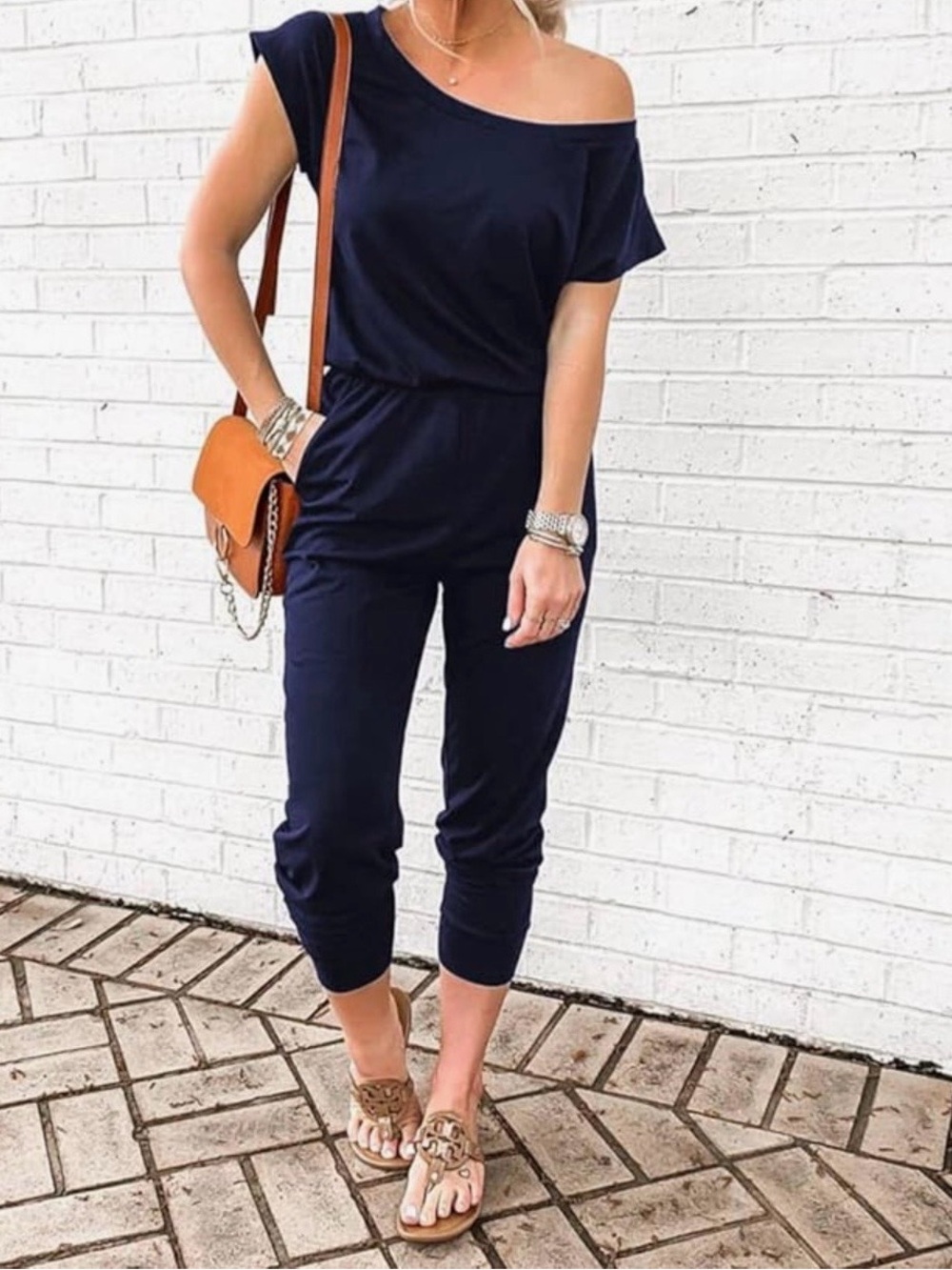 Off-Shoulder Navy One-Shoulder Jumpsuit